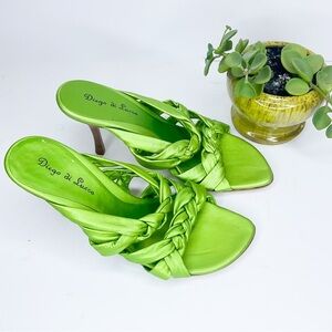 DIEGO DI LUCCA Green Leather Sandals | Metallic Braided Heels | Size 9